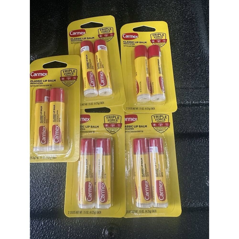5X Carmex Classic Medicated Lip Balm SPF 15 Triple Force Forumla 10 Sticks Total